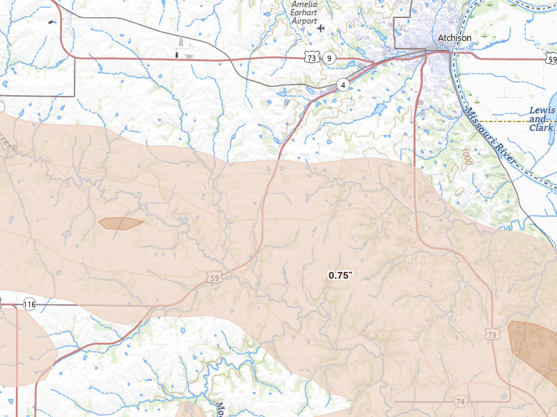 Radar-estimated hail-size map of the storm over Cummings, KS on Aug 18, 2026