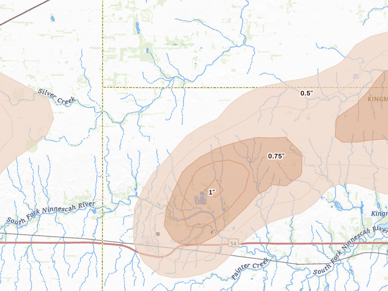 Radar-estimated hail-size map of the storm over Cunningham, KS on Apr 11, 2026