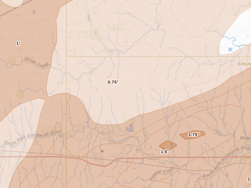 Radar-estimated hail-size map of the storm over Cunningham, KS on May 18, 2026