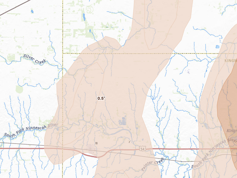 Radar-estimated hail-size map of the storm over Cunningham, KS on May 30, 2026