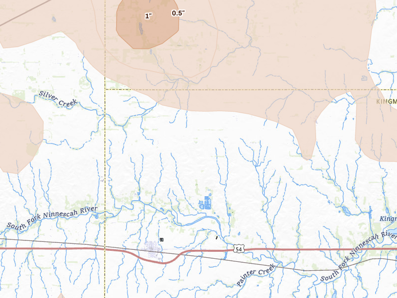 Radar-estimated hail-size map of the storm over Cunningham, KS on Jun 1, 2026