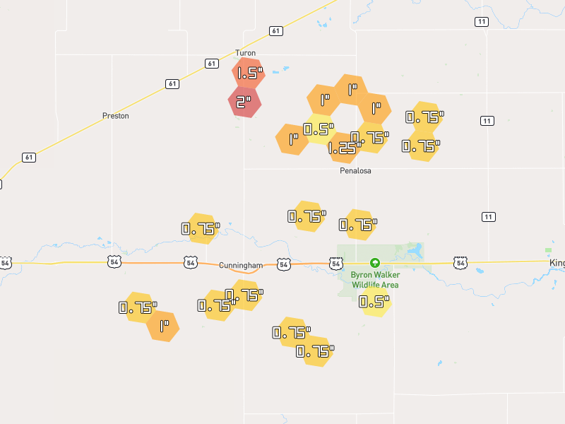 Hail map of Cunningham, KS on Jun 2, 2026, hail up to 2"