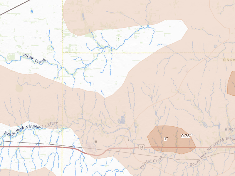 Radar-estimated hail-size map of the storm over Cunningham, KS on Jun 20, 2026