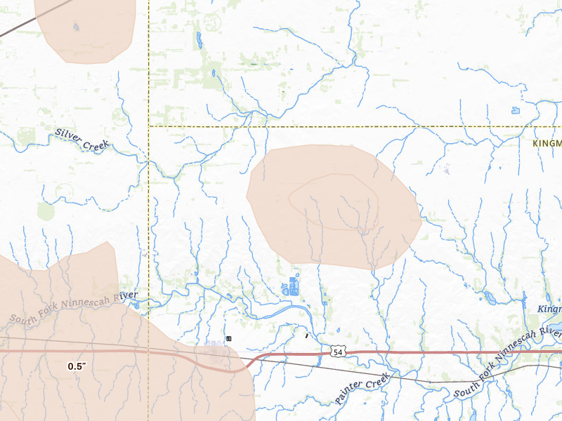 Radar-estimated hail-size map of the storm over Cunningham, KS on Jun 25, 2026