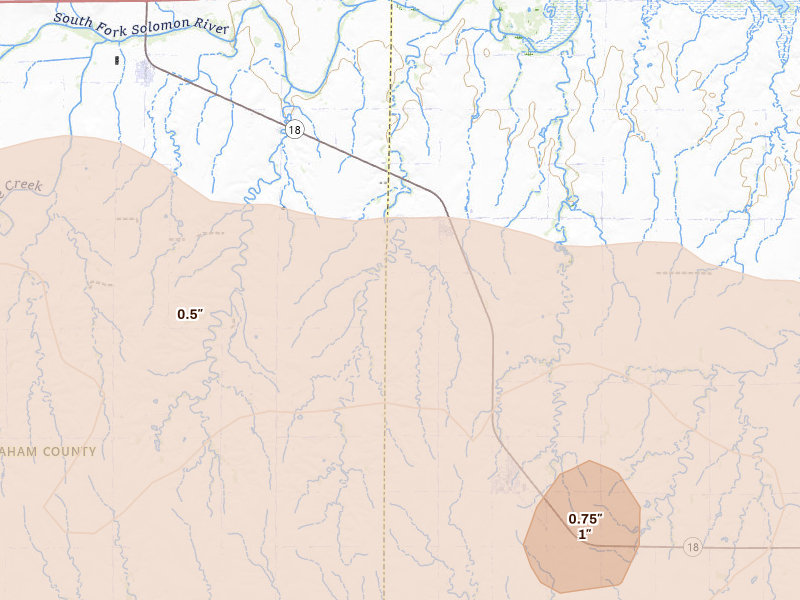 Radar-estimated hail-size map of the storm over Damar, KS on May 16, 2026