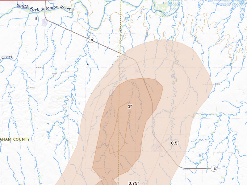 Radar-estimated hail-size map of the storm over Damar, KS on Jul 3, 2026