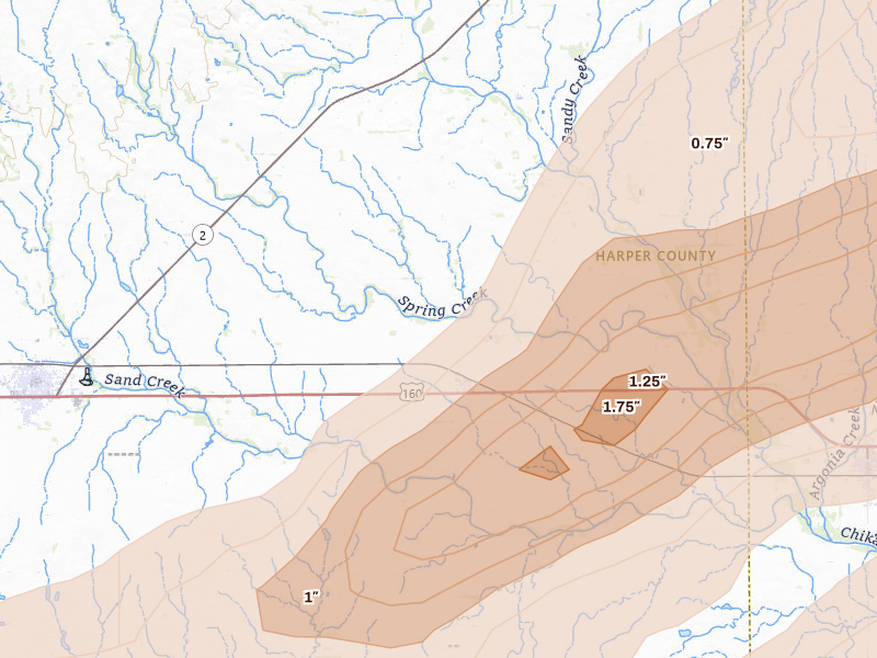 Radar-estimated hail-size map of the storm over Danville, KS on Apr 17, 2026