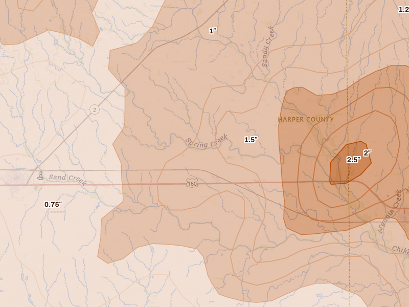 Radar-estimated hail-size map of the storm over Danville, KS on May 18, 2026