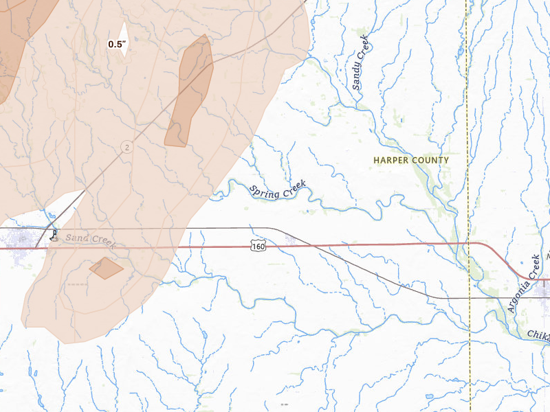 Radar-estimated hail-size map of the storm over Danville, KS on May 30, 2026