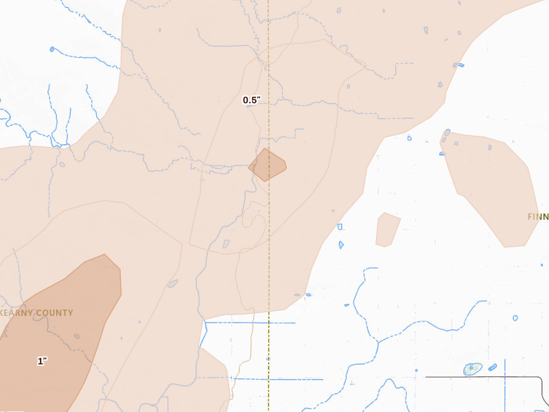 Radar-estimated hail-size map of the storm over Deerfield, KS on Jun 30, 2026