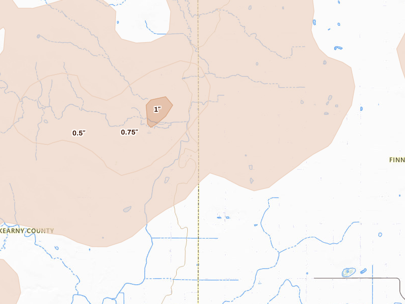 Radar-estimated hail-size map of the storm over Deerfield, KS on Jul 1, 2026