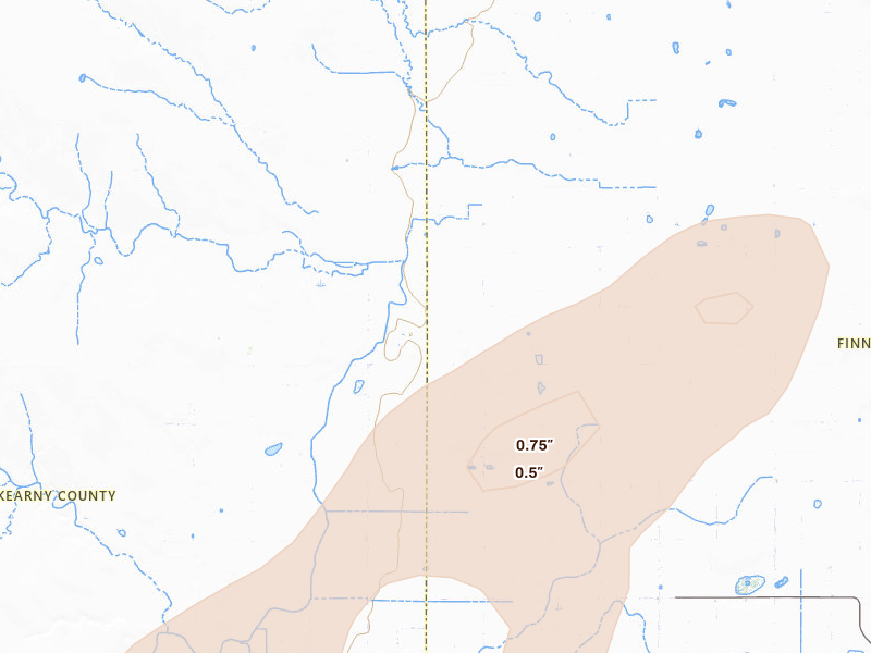 Radar-estimated hail-size map of the storm over Deerfield, KS on Aug 15, 2026