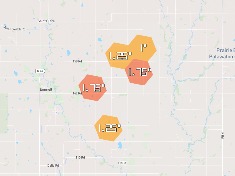 Hail map of Delia, KS on Jun 4, 2026, hail up to 1.75"