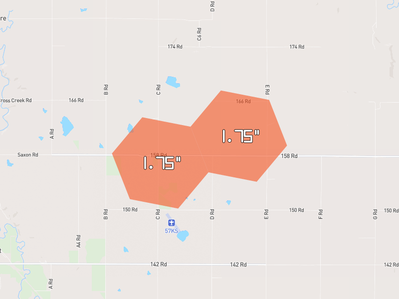 Hail map of Delia, KS on Jun 5, 2026, hail up to 1.75"