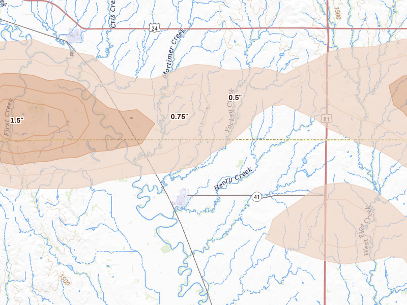 Radar-estimated hail-size map of the storm over Delphos, KS on Apr 25, 2026