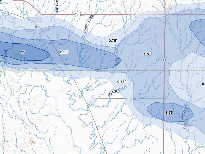 NEXRAD radar-signature map of the hail storm over Delphos, KS on Apr 25, 2026