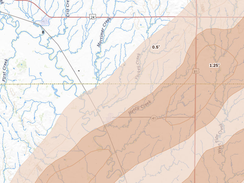 Radar-estimated hail-size map of the storm over Delphos, KS on May 18, 2026