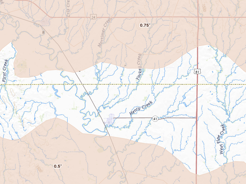 Radar-estimated hail-size map of the storm over Delphos, KS on Jul 3, 2026