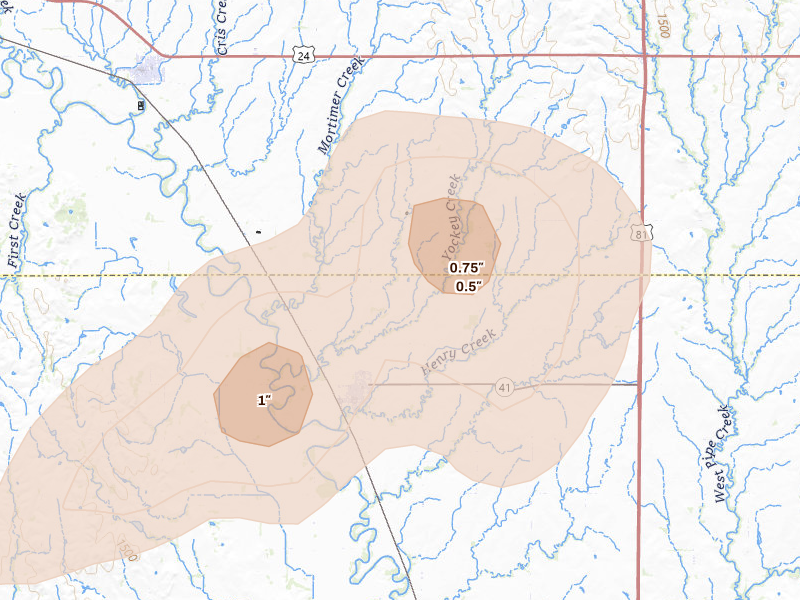 Radar-estimated hail-size map of the storm over Delphos, KS on Aug 15, 2026