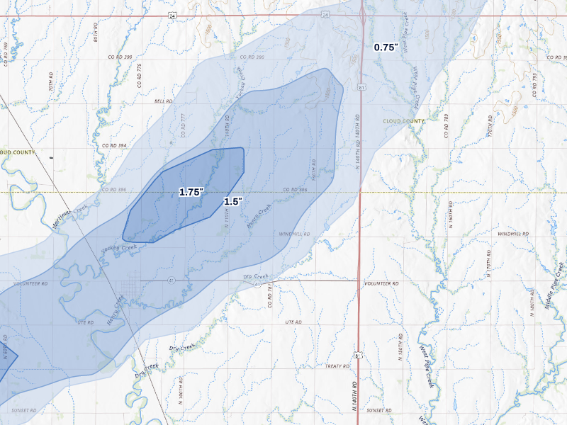 NEXRAD radar-signature map of the hail storm over Delphos, KS on Aug 15, 2026
