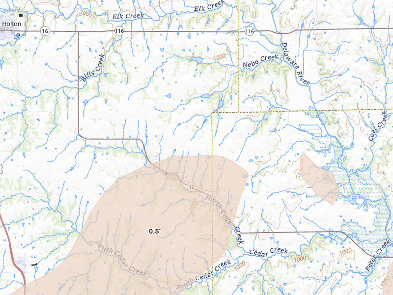 Radar-estimated hail-size map of the storm over Denison, KS on Apr 26, 2026