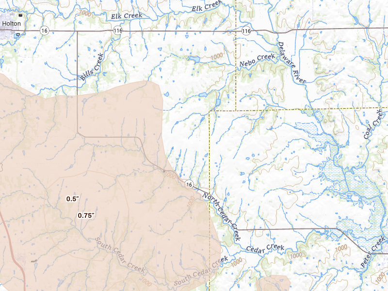 Radar-estimated hail-size map of the storm over Denison, KS on Jul 8, 2026