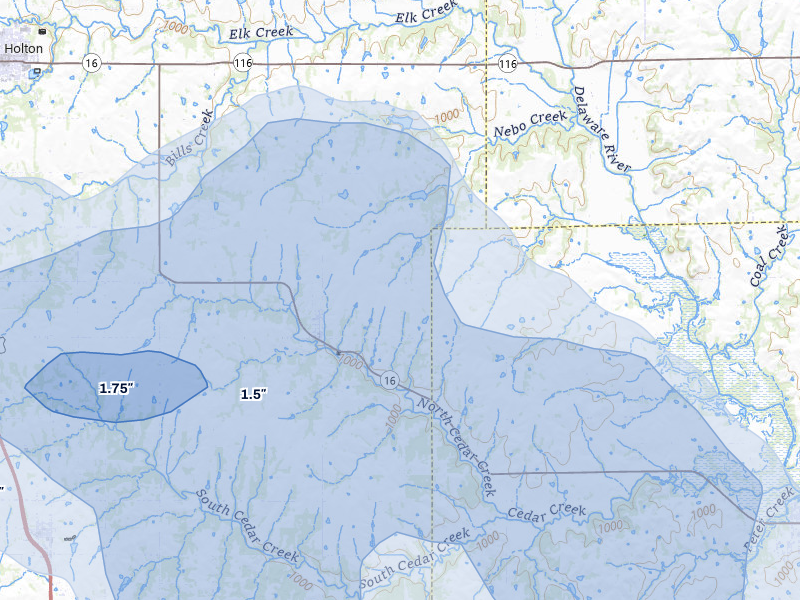 NEXRAD radar-signature map of the hail storm over Denison, KS on Jul 8, 2026