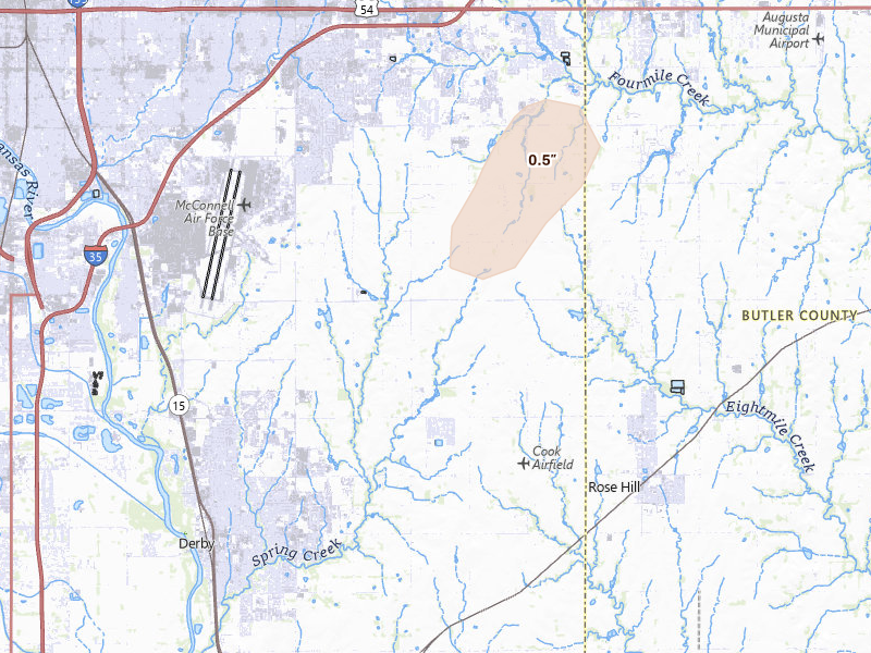 Radar-estimated hail-size map of the storm over Derby, KS on Mar 3, 2026