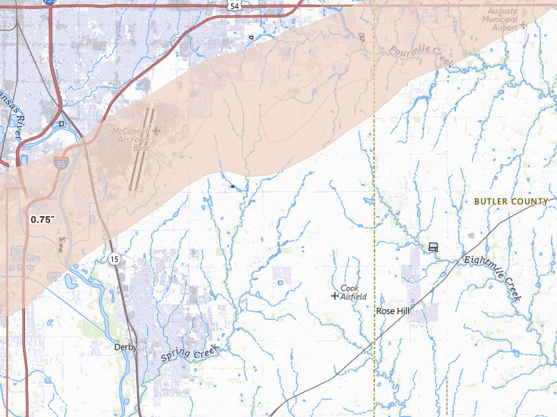 Radar-estimated hail-size map of the storm over Derby, KS on Apr 3, 2026