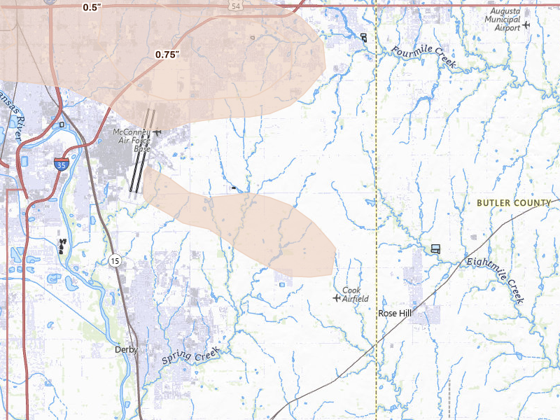 Radar-estimated hail-size map of the storm over Derby, KS on Apr 25, 2026