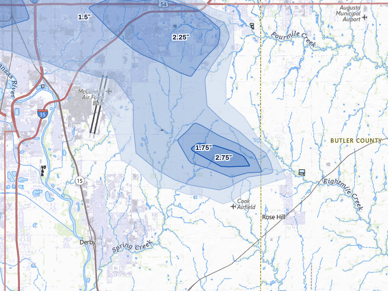 NEXRAD radar-signature map of the hail over Derby, KS