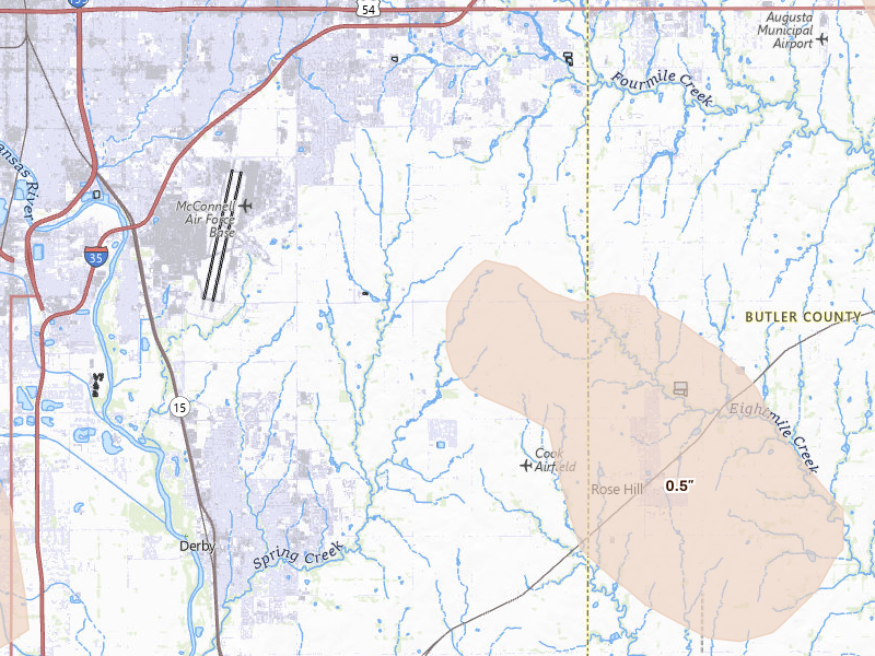 Radar-estimated hail-size map of the storm over Derby, KS on Jun 25, 2026