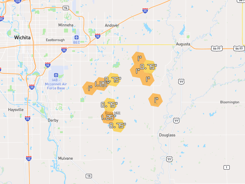 Hail map of Derby, KS on Jun 26, 2026, hail up to 1.25"