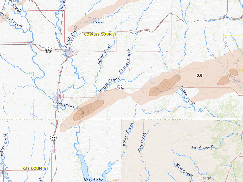 Radar-estimated hail-size map of the storm over Dexter, KS on Apr 3, 2026