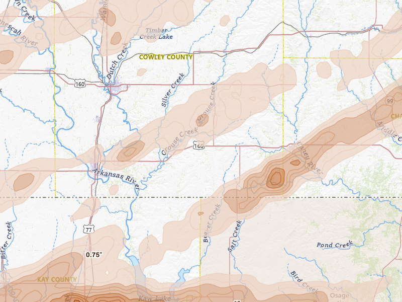 Radar-estimated hail-size map of the storm over Dexter, KS on Apr 17, 2026