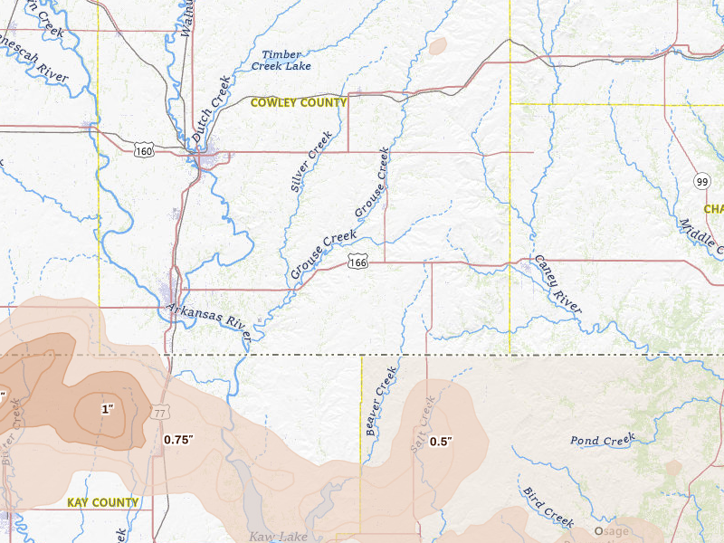 Radar-estimated hail-size map of the storm over Dexter, KS on Apr 23, 2026