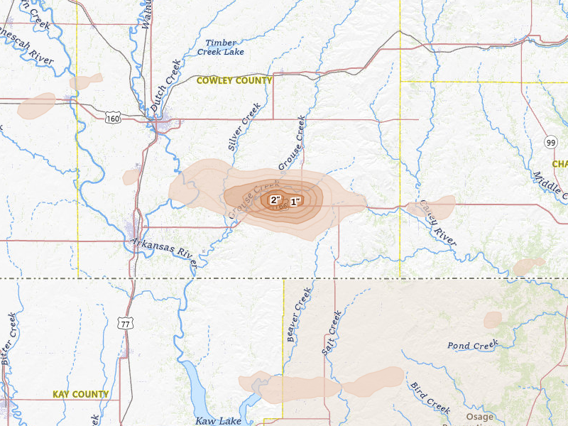 Radar-estimated hail-size map of the storm over Dexter, KS on May 4, 2026