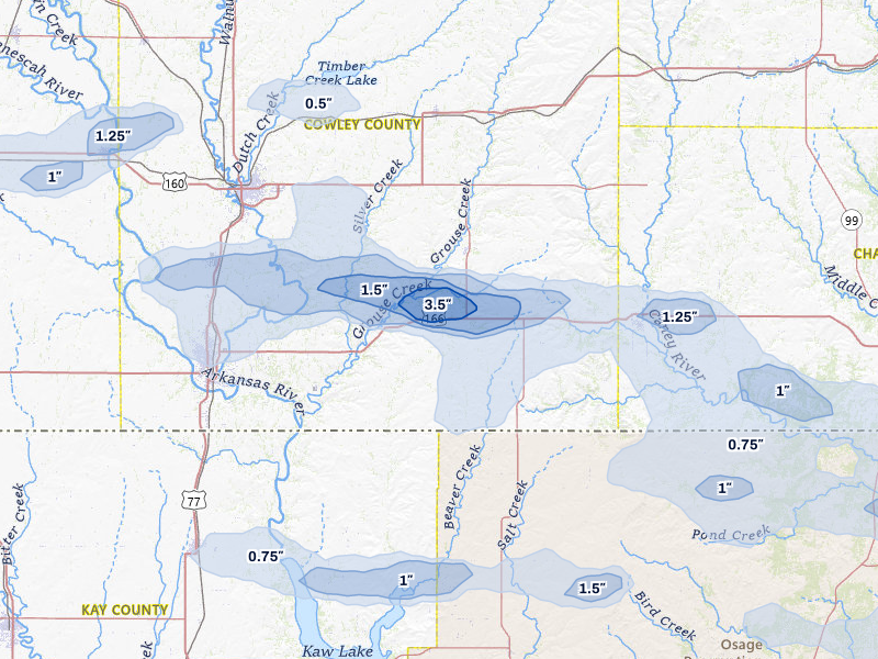 NEXRAD radar-signature map of the hail storm over Dexter, KS on May 4, 2026