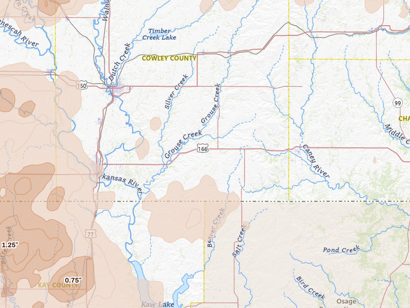 Radar-estimated hail-size map of the storm over Dexter, KS on May 18, 2026