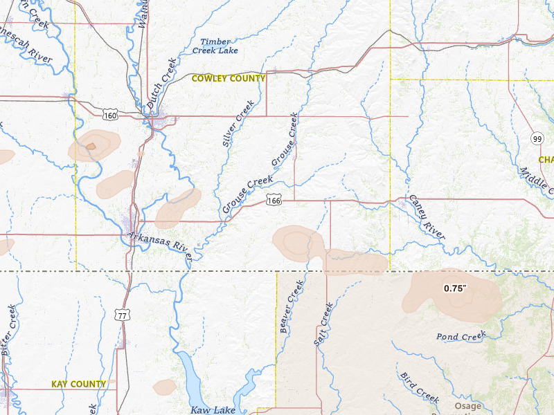 Radar-estimated hail-size map of the storm over Dexter, KS on May 30, 2026