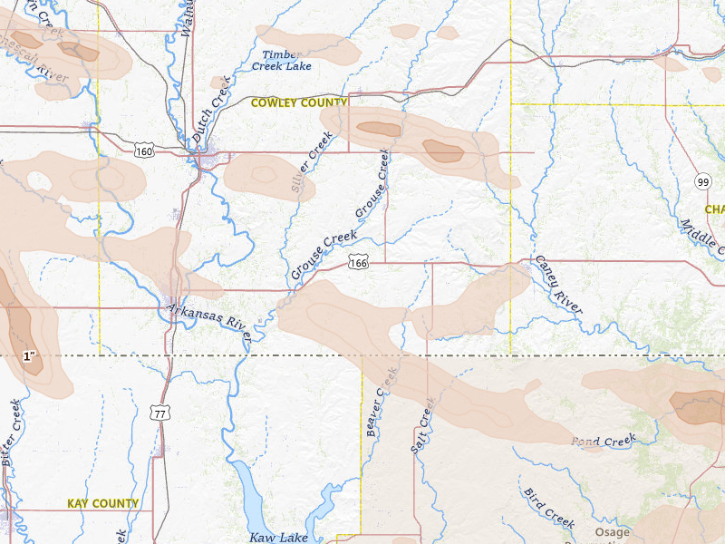 Radar-estimated hail-size map of the storm over Dexter, KS on Jun 18, 2026