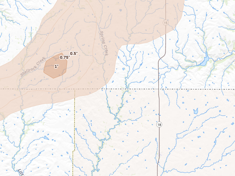 Radar-estimated hail-size map of the storm over Dexter, KS on Jun 26, 2026