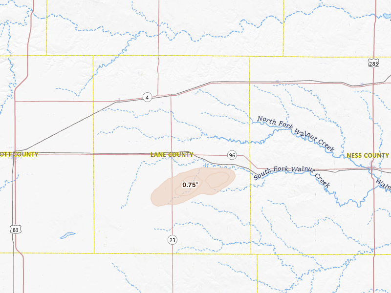 Radar-estimated hail-size map of the storm over Dighton, KS on Apr 25, 2026