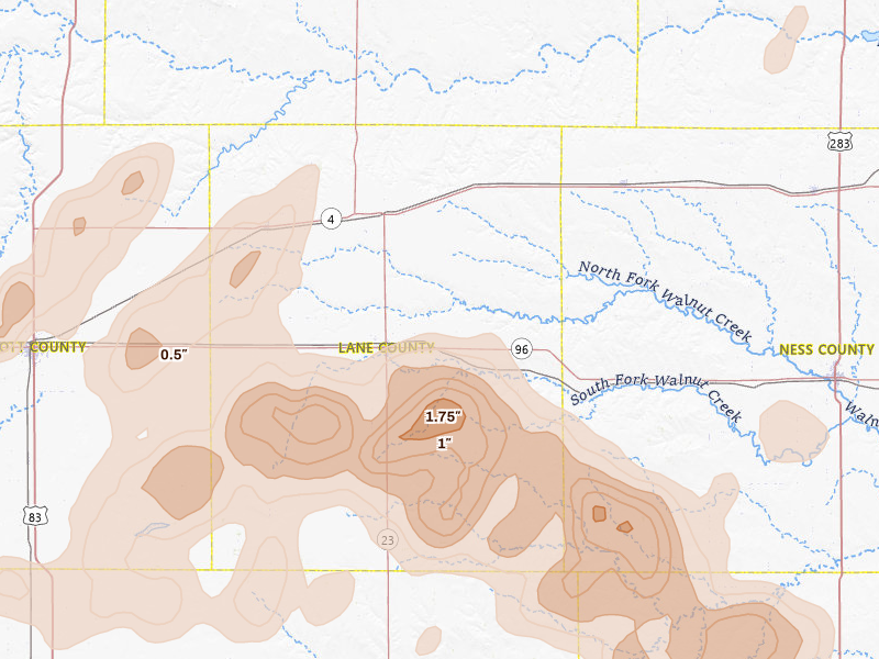 Radar-estimated hail-size map of the storm over Dighton, KS on Jun 1, 2026