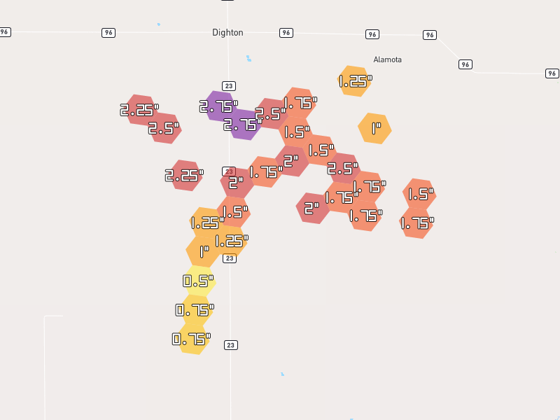 Hail map of Dighton, KS on Jun 1, 2026, hail up to 2.75"