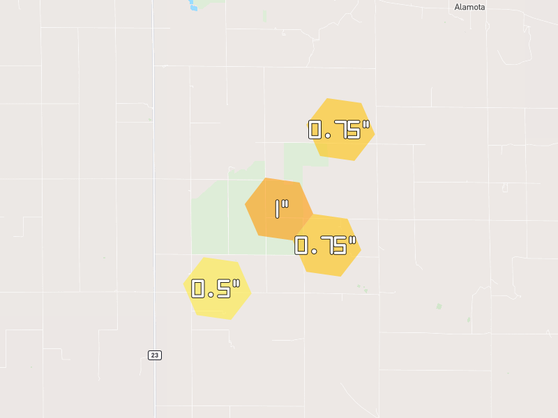 Hail map of Dighton, KS on Jun 2, 2026, hail up to 1"