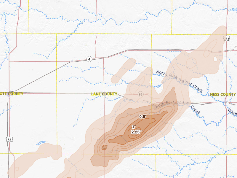 Radar-estimated hail-size map of the storm over Dighton, KS on Jun 9, 2026