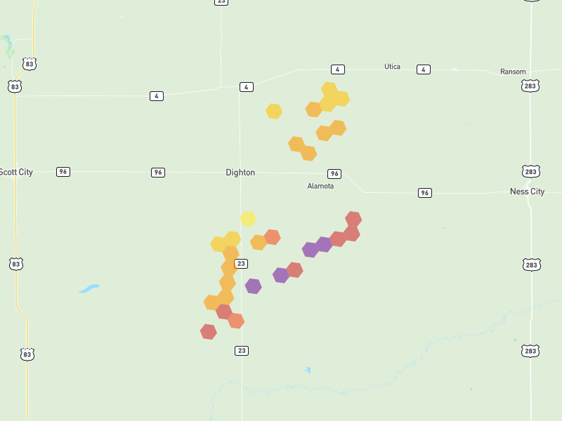 Hail map of Dighton, KS on Jun 9, 2026, hail up to 3.25"