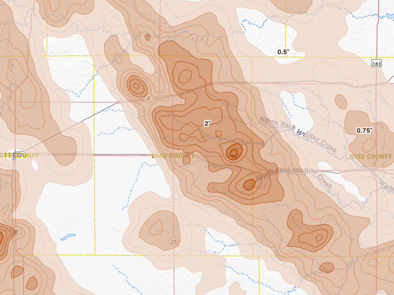 Radar-estimated hail-size map of the storm over Dighton, KS on Jun 20, 2026