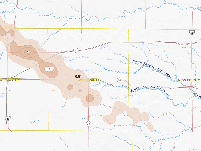 Radar-estimated hail-size map of the storm over Dighton, KS